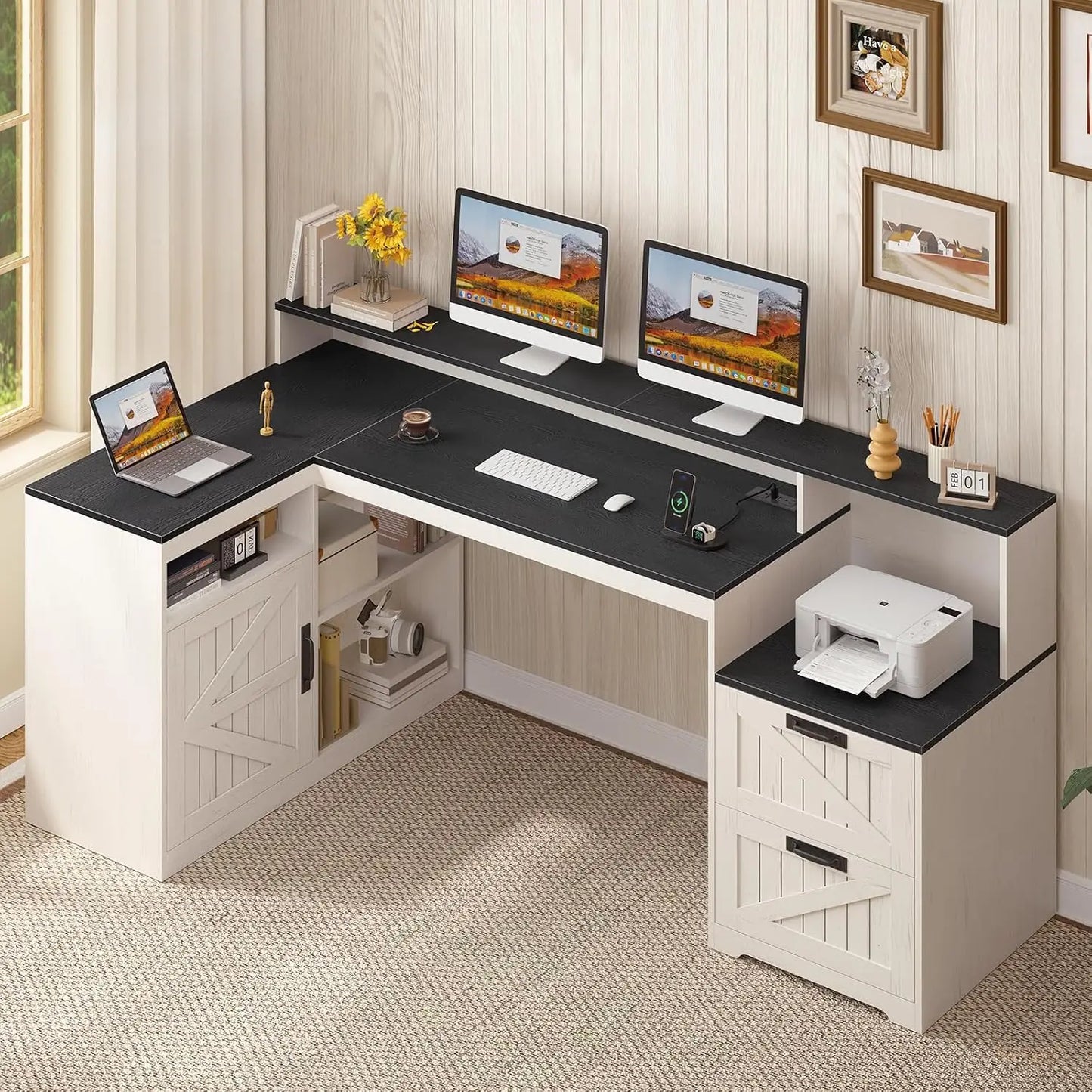 62.2" Farmhouse L Shaped Home Office Desk, Drawers, Storage Shelves & Power Outlet, Custom