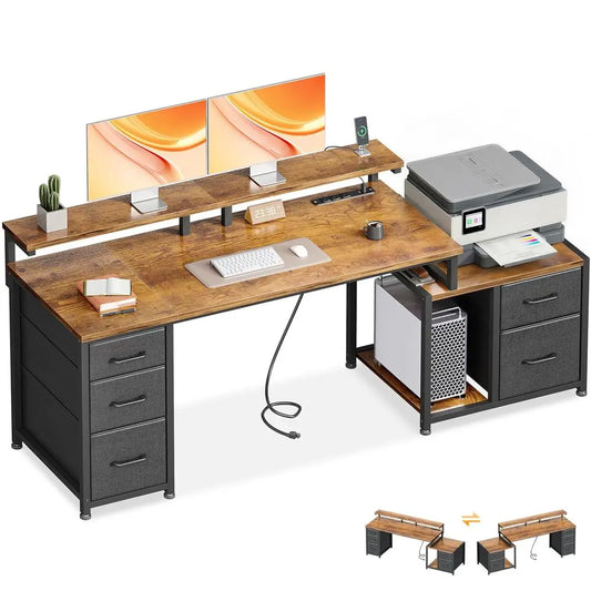 68 Computer Desk with Printer Shelf amp 5 Fabric Drawers, Rustic Brown Office Desk with Power Outlet amp CPU Storage for Home O