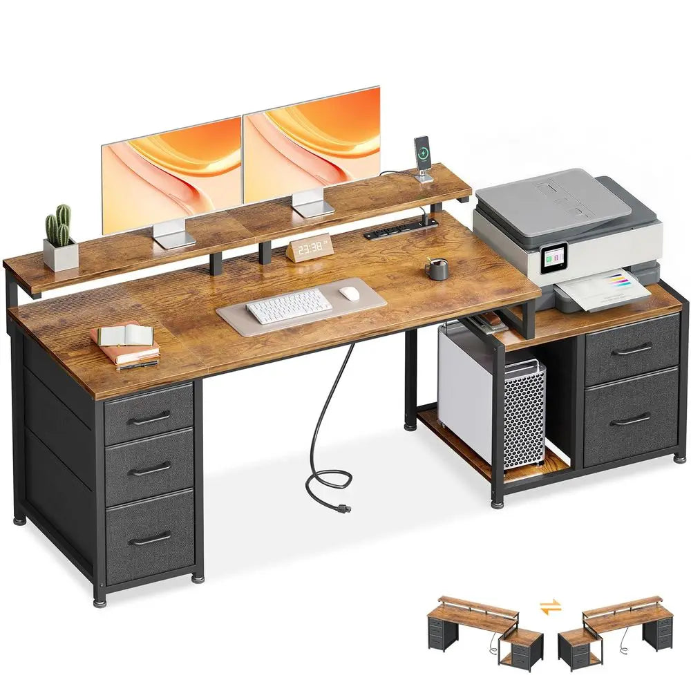 68 Computer Desk with Printer Shelf amp 5 Fabric Drawers, Rustic Brown Office Desk with Power Outlet amp CPU Storage for Home O