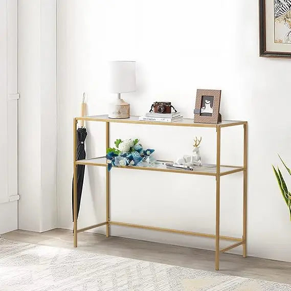 Toughened Glass Console Table,Clear Glass Accent Console Sofa Table with Stainless Steel Frame,Gold Entry Tables for Hallway, So