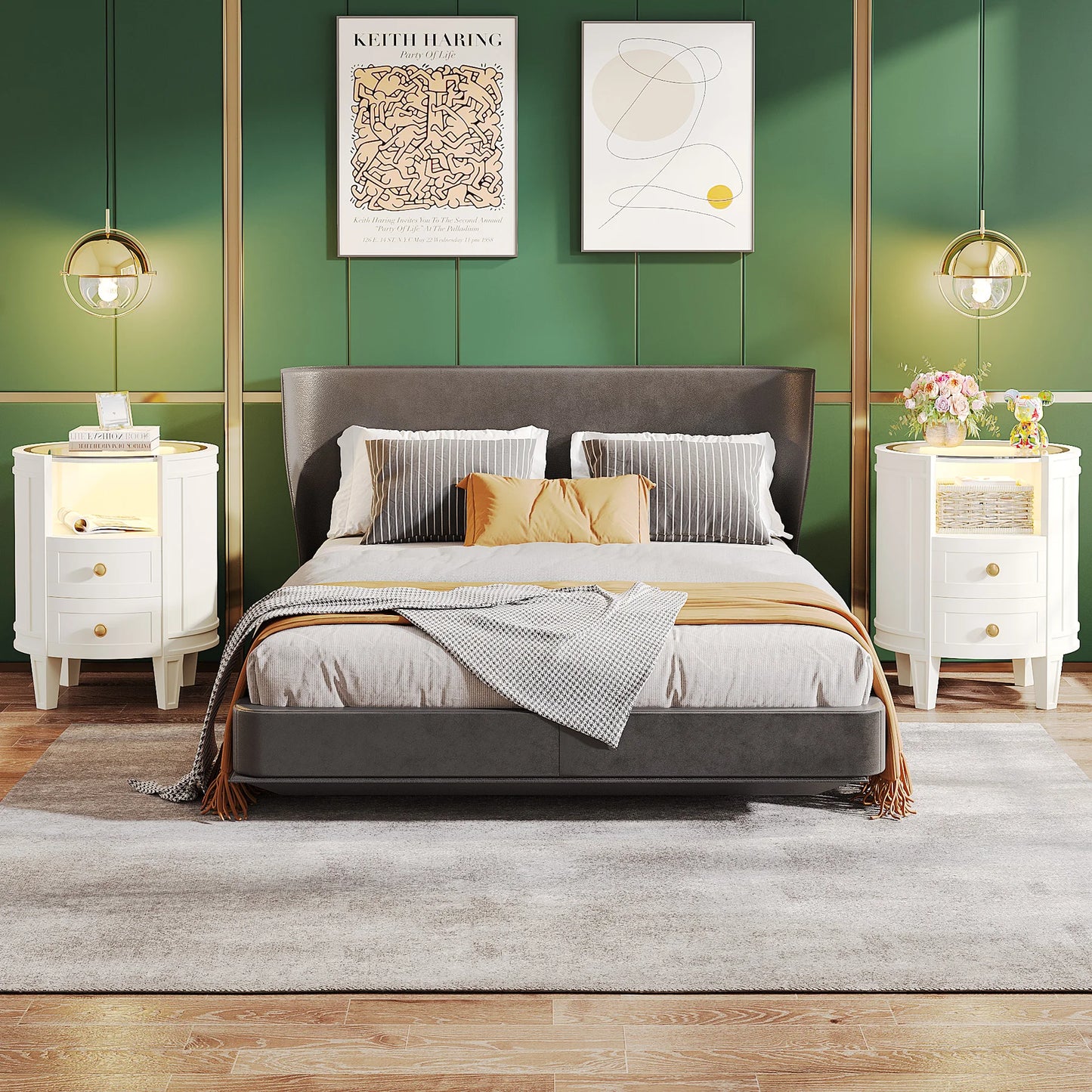 LITTLE TREE 2-Drawer Nightstand with Glass Tabletop, Modern White Oval LED Nightstands, No Assembly Required
