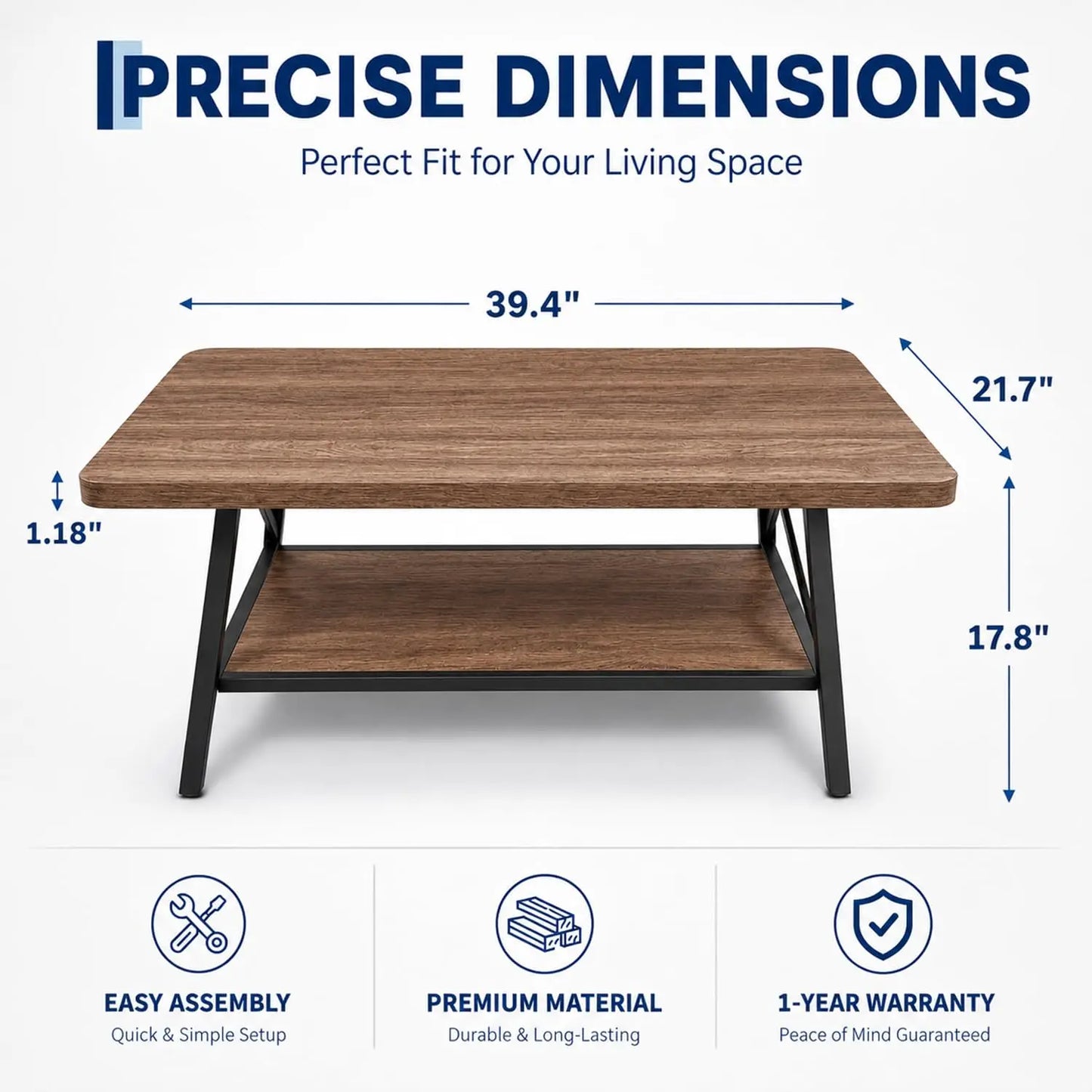 39.4 Inch Coffee Table With Storage Shelf, Industrial Wood Look Metal Frame Center Table For Living Room Apartment Home Office Decor