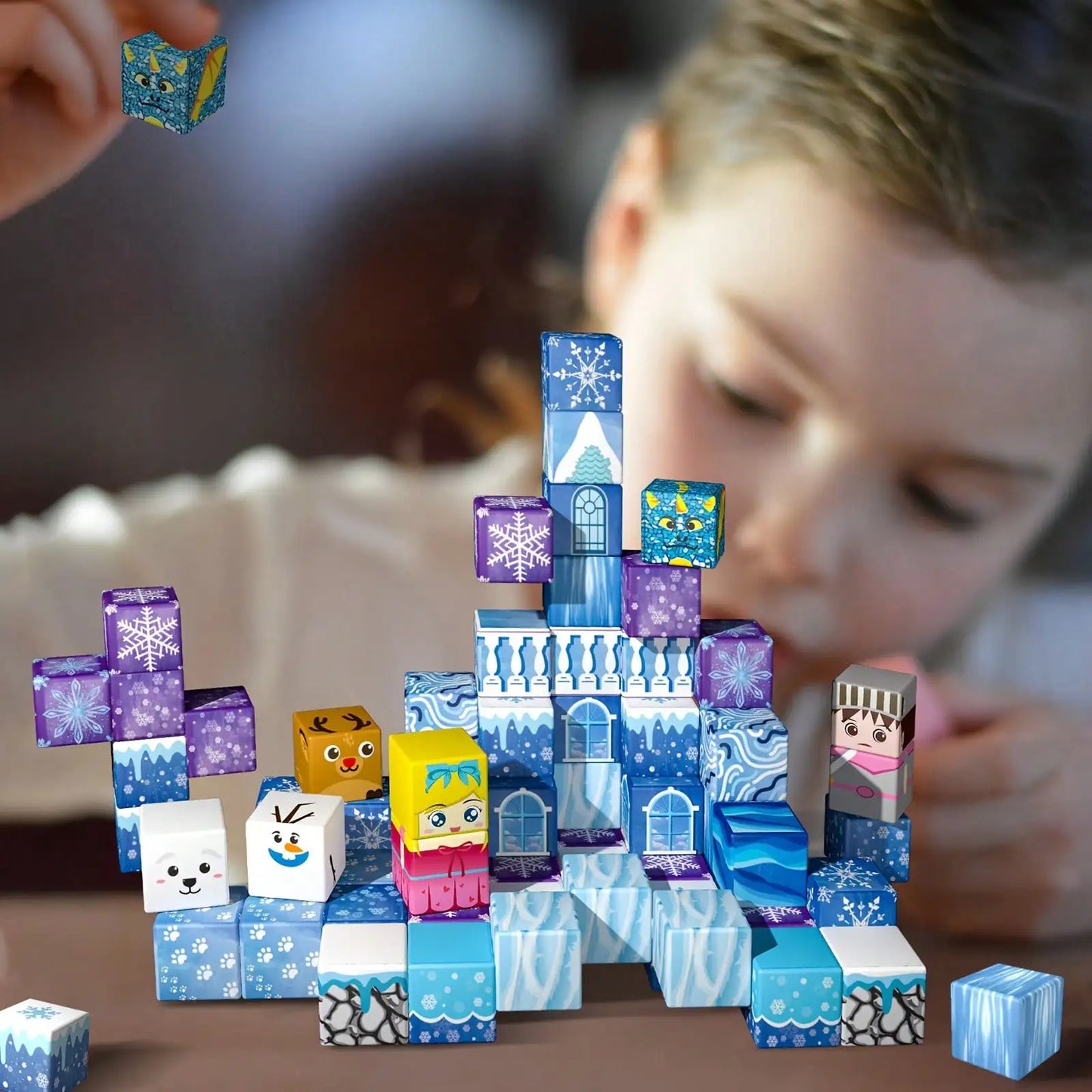 Magnetic Blocks - 100/64/48PCS Magnetic Blocks Build Ice Castle - Magnet Blocks Sets For Blue Princess Castle Build, Upgraded STEM Sensory Birthday Gift For Kids Age 3+ Years Old.
