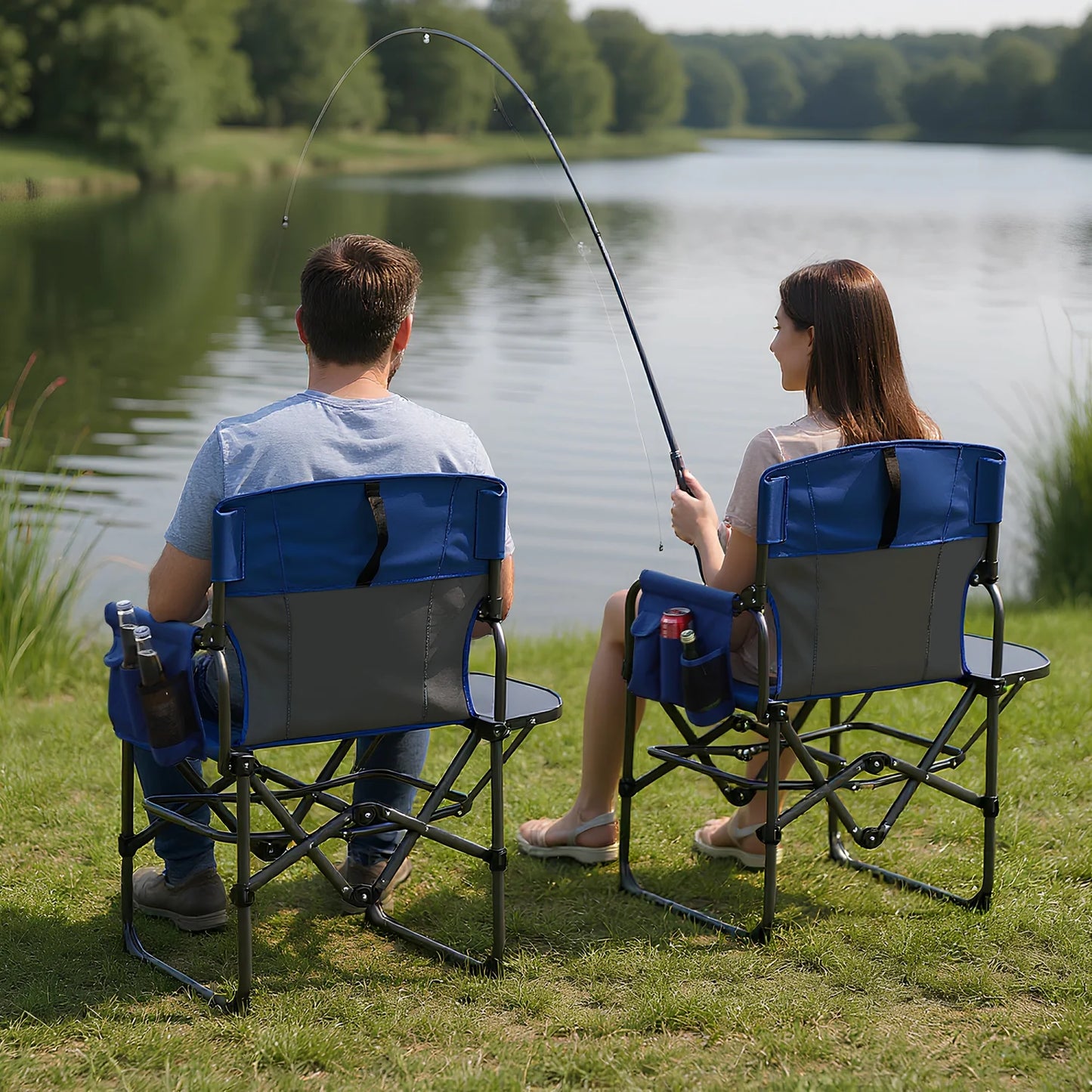 1 Pack / 2 Pack Oversized Heavy Duty Folding Directors Chair for Adults, 400 Lbs Capacity Portable Camping Chair with Side Table, Cup Holder & Side Pocket, Lawn Chairs for Camping, Beach, Garden, RV