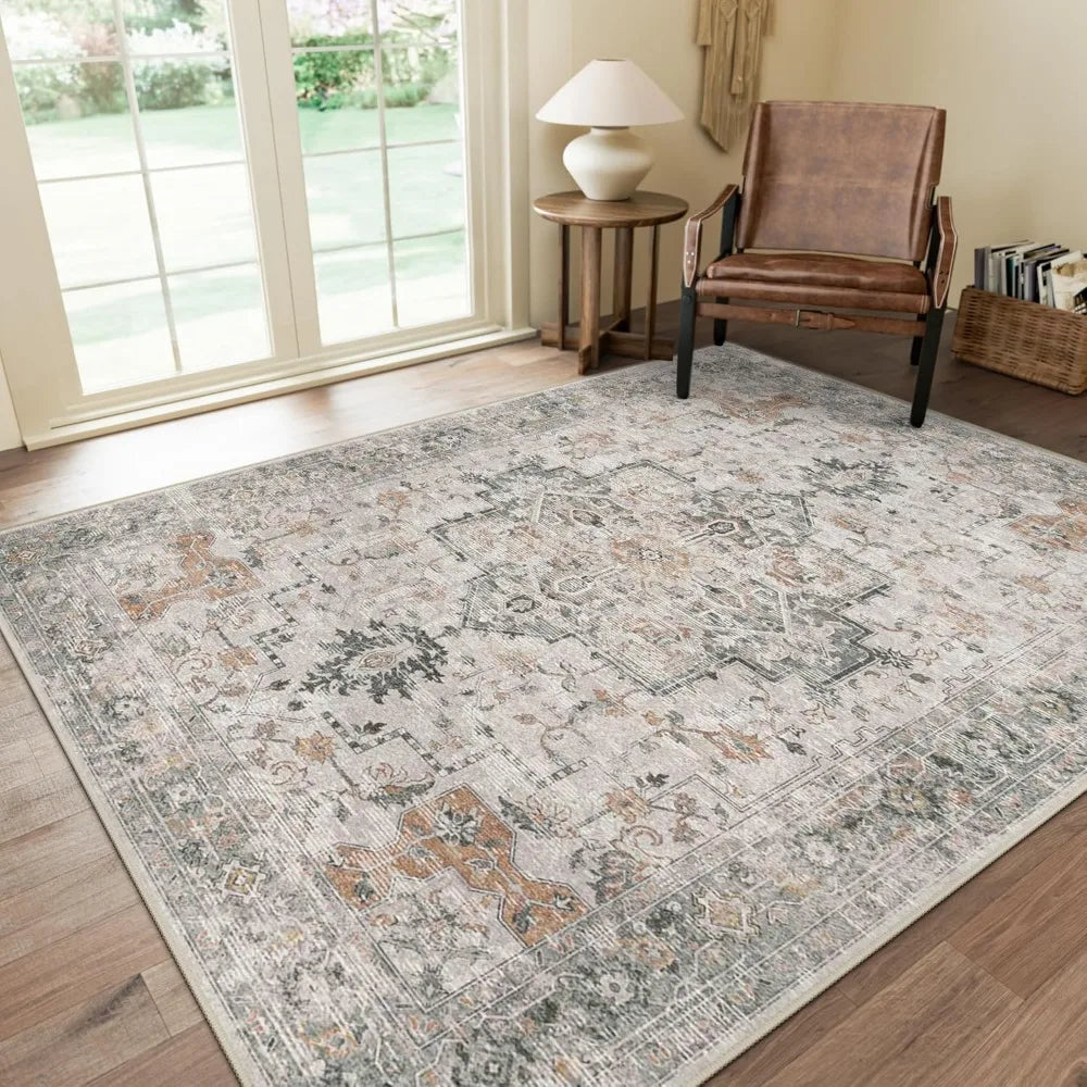 Washable Vintage Area Rug 5x7 Light Brown Non Slip Low Pile for Living Room Bedroom Dining Office