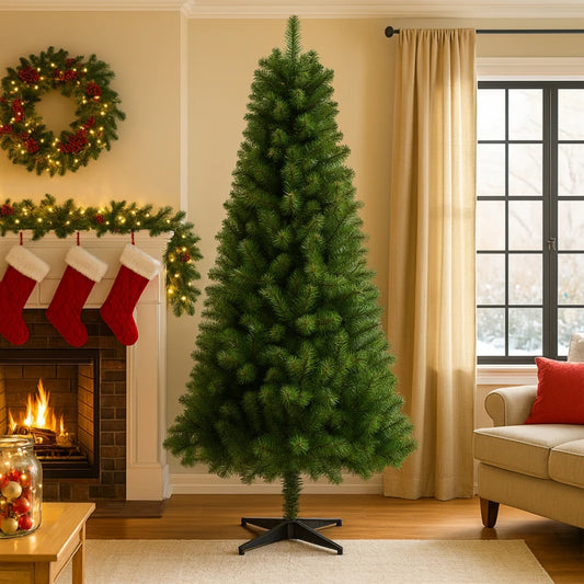 6FT Hinged Unlit Artificial Christmas Tree with 582 Tips, Full PVC Branches, Green Holiday Tree with 4-Leg Plastic Stand for Ind