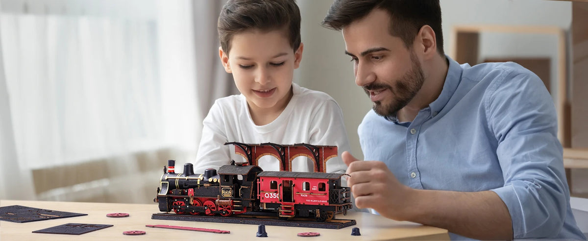 Rolife 3D Wooden Puzzle Steam Journey Mechanical Vehicle Model Building Kit DIY Puzzle Toys for Home Desk Decor Gifts for Adults