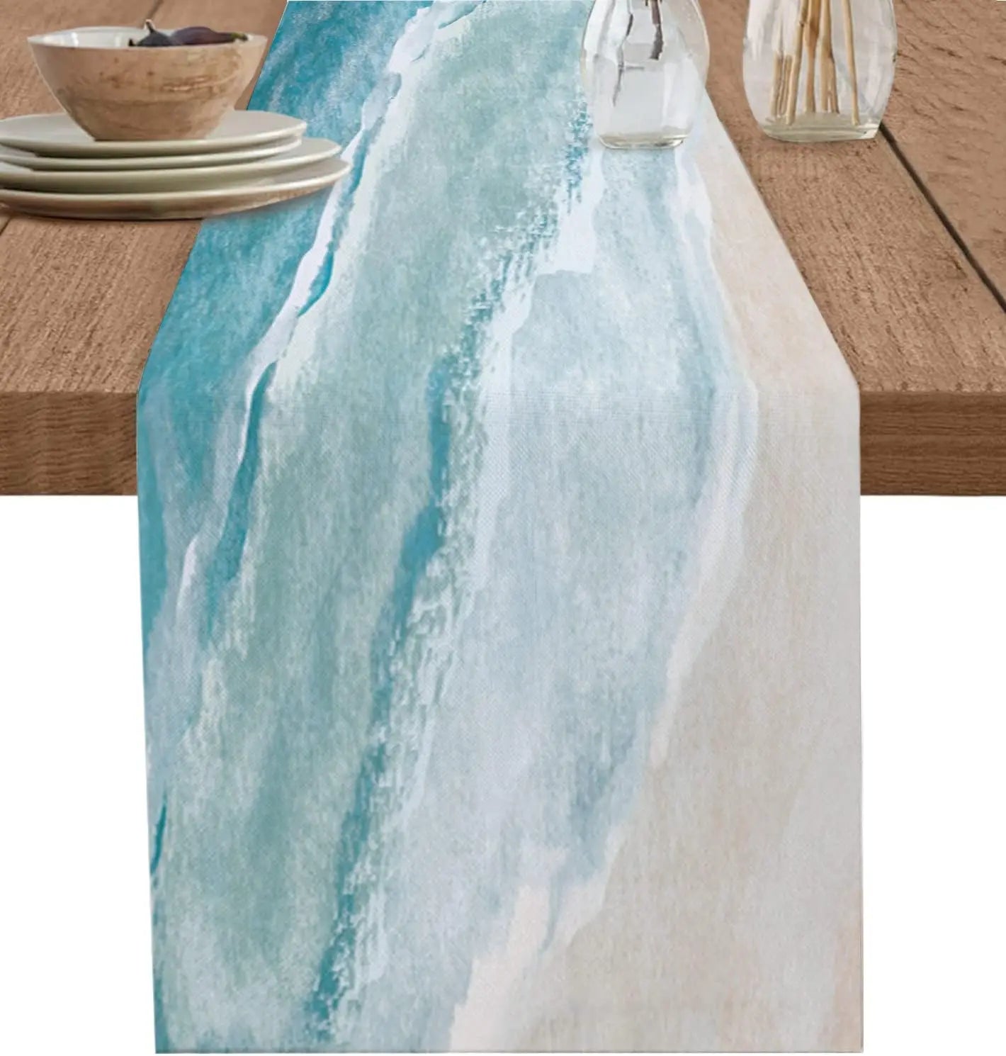 Coastal Beach Blue Linen Table Runner Dresser Scarf Table Decor Summer Kitchen Dining Table Runner Ocean Sea Waves Party Decor