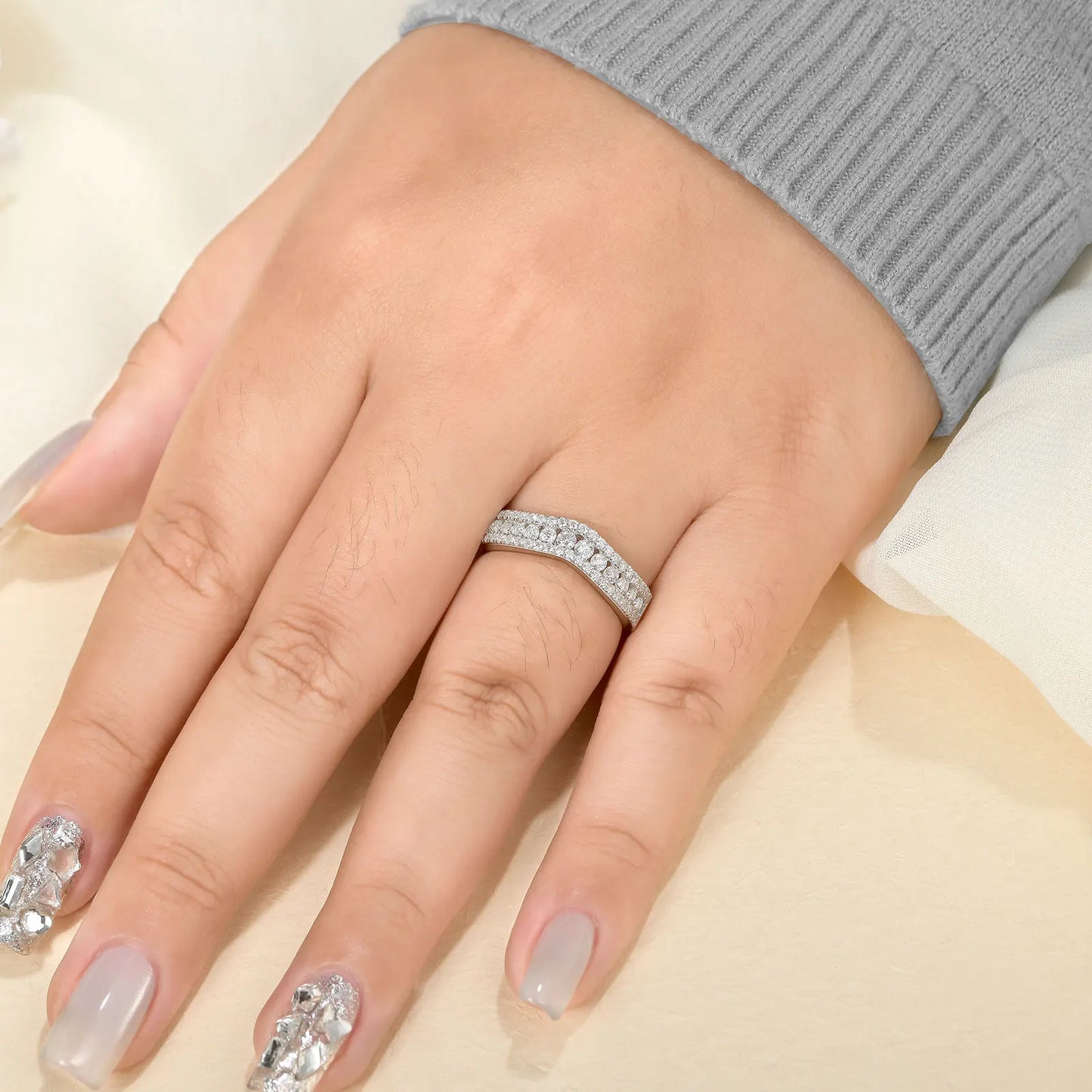 Newshe Moissanite Wedding Ring  for Women Wave Band D Color VVS1 925 Sterling Silver Half Eternity RingsSize 5-10