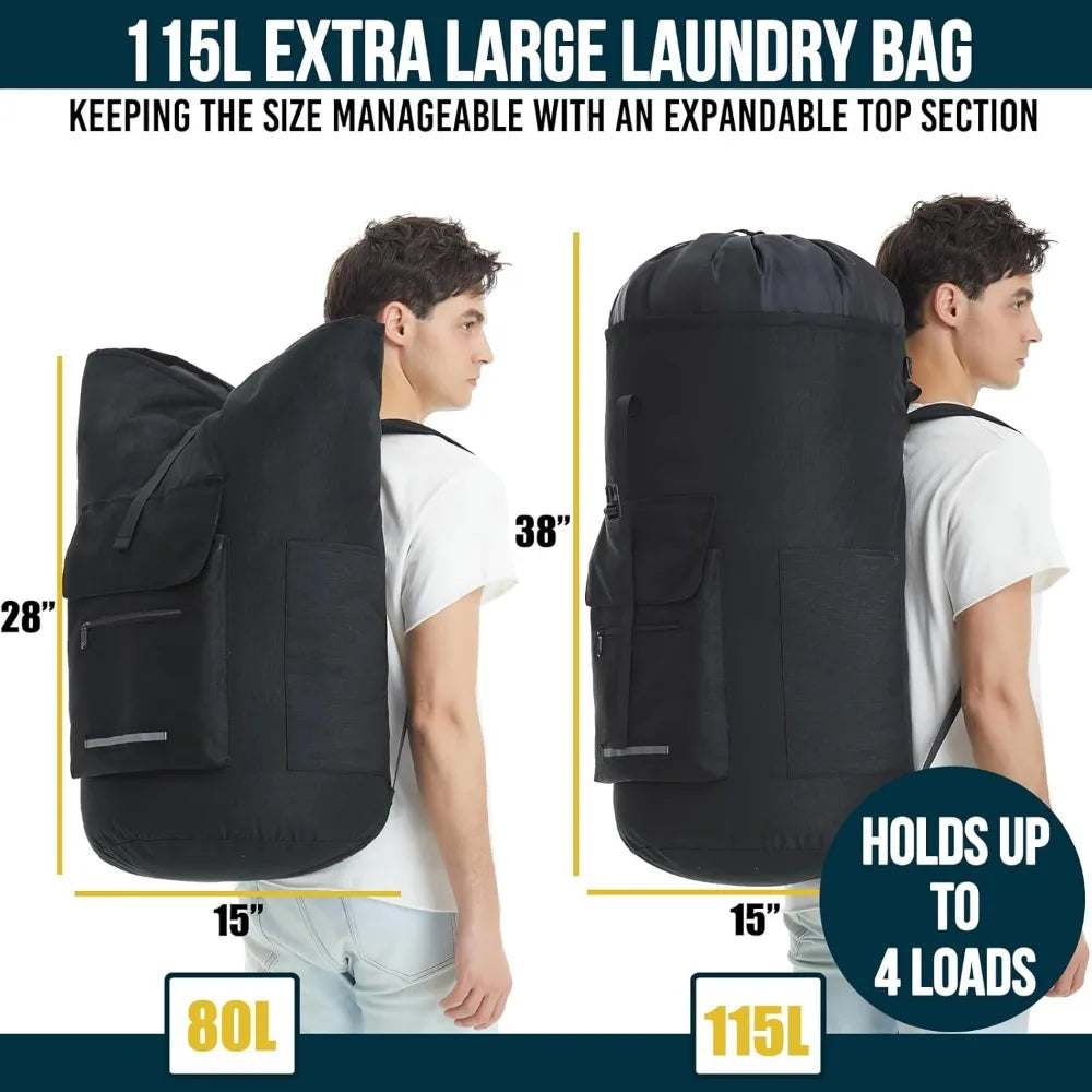 Extra Large 115L Heavy Duty Laundry Backpack with Straps and 4 Pockets for College Dorm