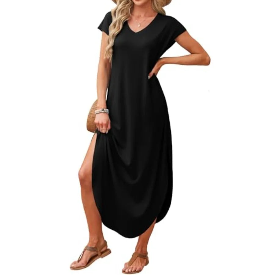RUMIA Summer Casual Maxi Dresses for Women- Women's V Neck Cap Sleeve Long Sundress with Pockets Beach Vacation