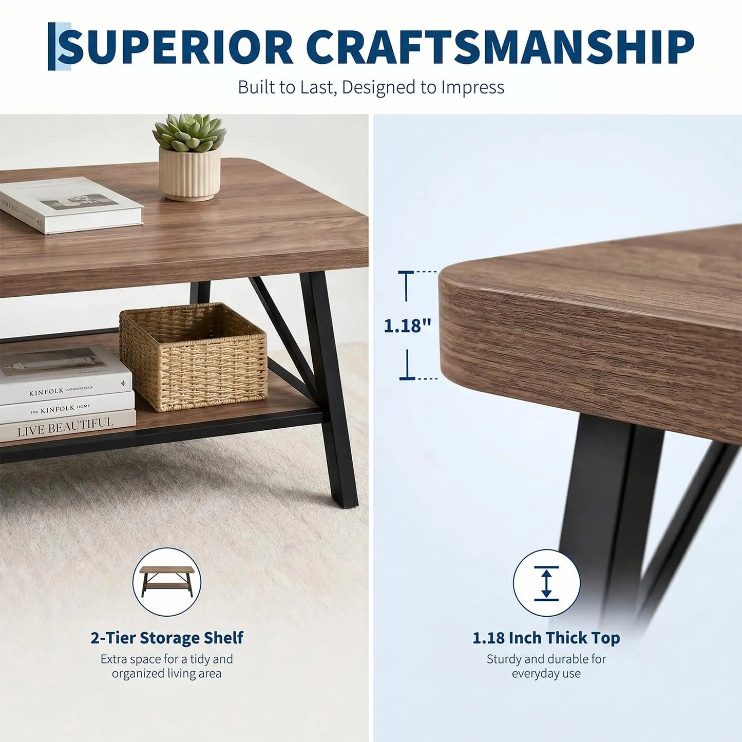 39.4 Inch Coffee Table With Storage Shelf, Industrial Wood Look Metal Frame Center Table For Living Room Apartment Home Office Decor