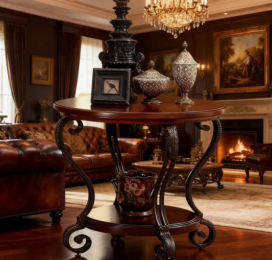 Traditional Brown Cherry End Table with Open Shelf and Ornate Scroll Legs