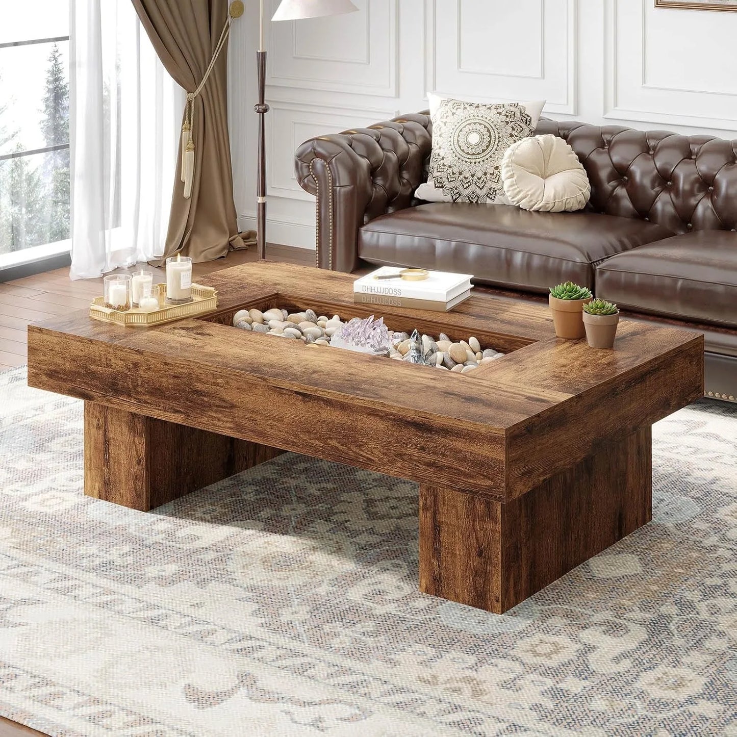 Rustic Large Wood Coffee Table with Storage LED Light Modern Farmhouse Low Wide Rectangle for Living Room Office 47 Inch