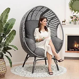 Oversized Wicker Egg Chair Outdoor Indoor Rattan Patio Egg Lounge Chairs with Cushion 500lbs Capacity for Living Room, Balcony,