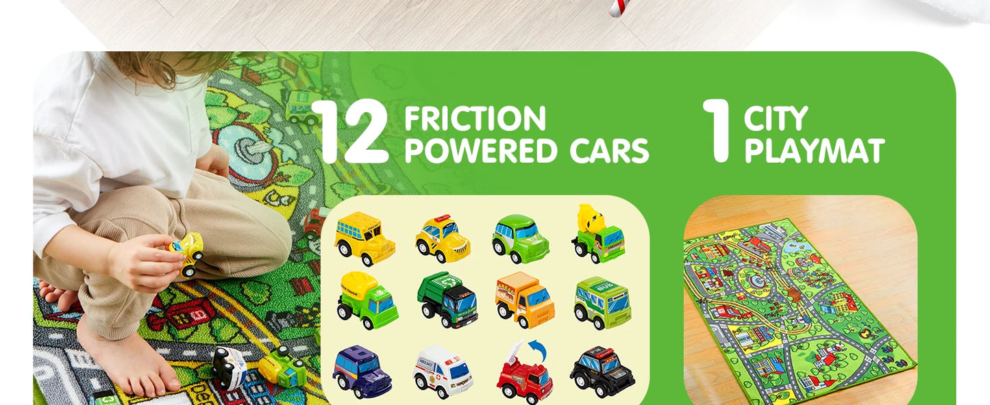 JOYFY Carpet Playmat w/ 12 Cars Pull-Back Vehicle Set for Kids Age 3+ Jumbo Play Room Rug City Pretend Play Multiple Color