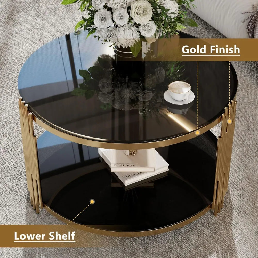 mirror coffee table, asymmetrical metal, circular metal drum base, gold finish lower shelf modern, black