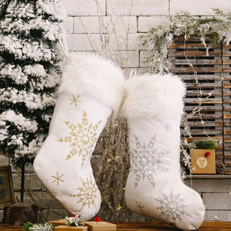 1/2pcs White Plush Stamping Gold Silver Embroidery Snowflake Christmas Stocking Merry Christmas Decor For Home Xmas Gift Socks