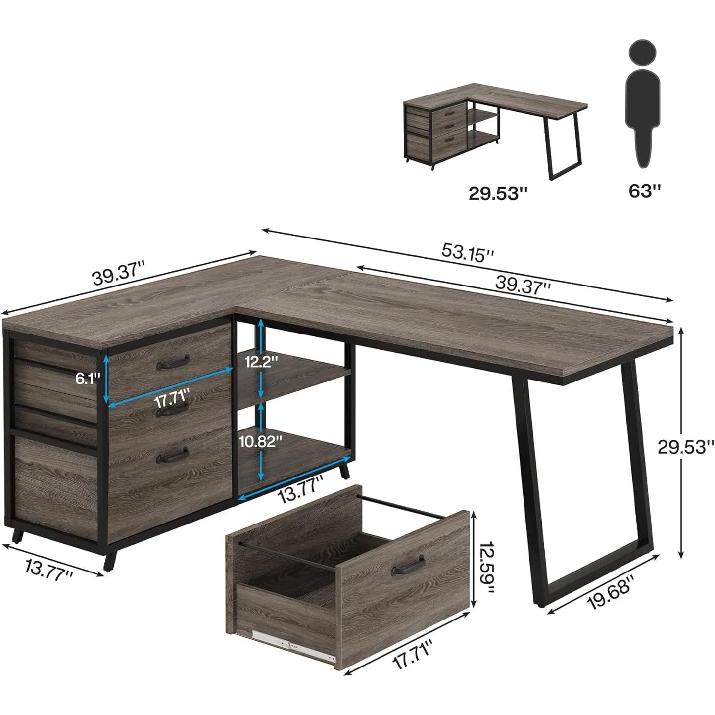 LITTLE TREE L-Shaped Desk with 3 Drawers, Reversible Corner Desk for Home and Office with Shelves, 130cm Industrial PC Desk