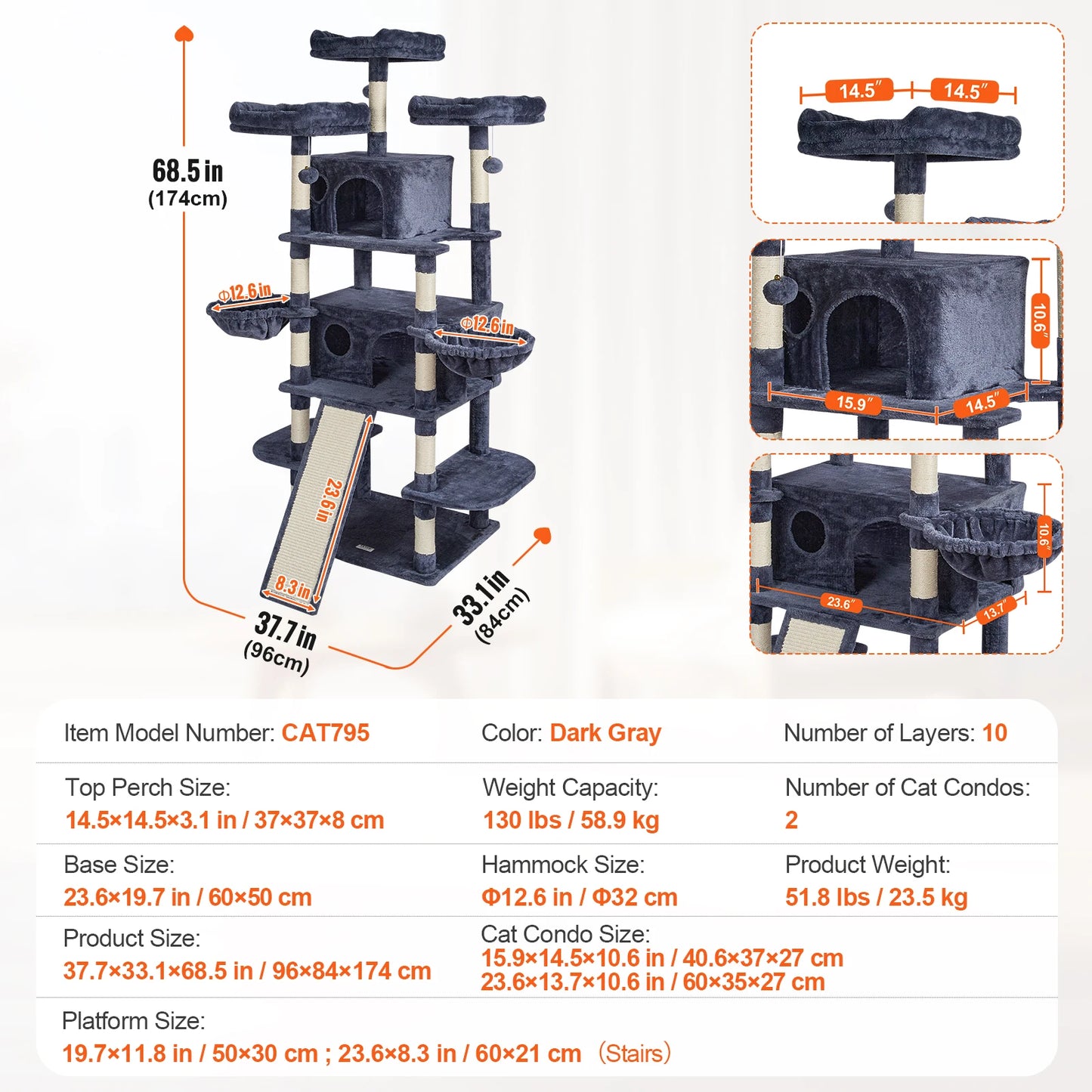 SucceBuy Cat Tree for Indoor Cats Cat Tower with Cat Condo Sisal Scratching Post HammockTop Perch Jumping Platforms Dark Grey