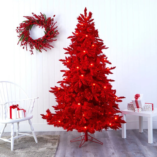 7’ Red Flocked Artificial Christmas Tree w/500 LED’s 40 Globe Bulb.