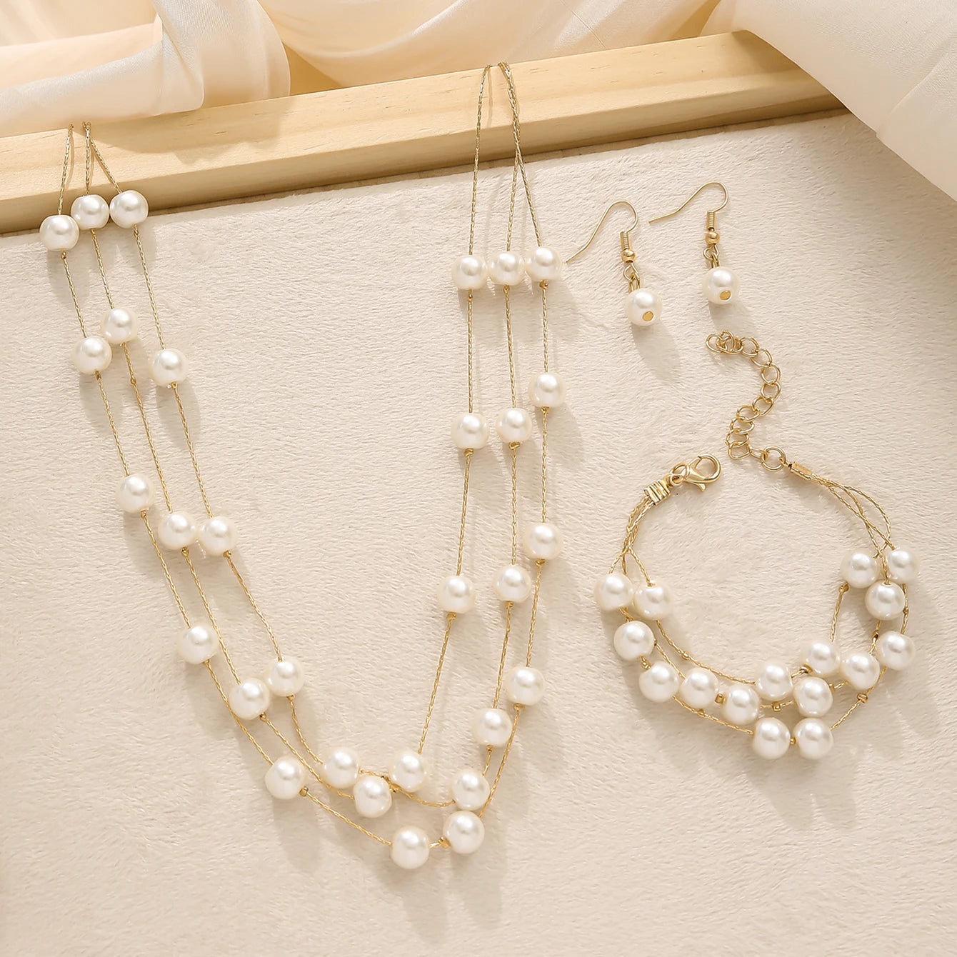 Elegant Fashion Multi-layer Stacked Imitation Pearl Necklace+Bracelet+Earrings Women's Jewelry Set Perfect Daily Party Wear Gift