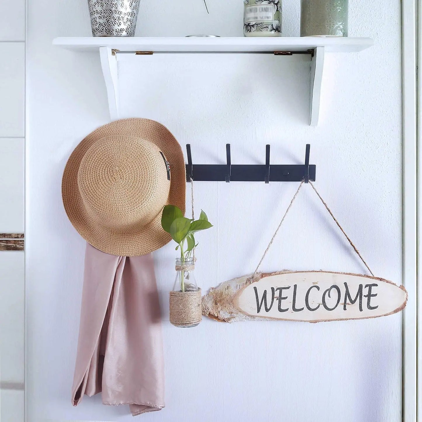Wall Mounted Coat Rack with 6 Double Hooks Heavy Duty Metal Rail for Purse Clothes Jacket Entryway Black