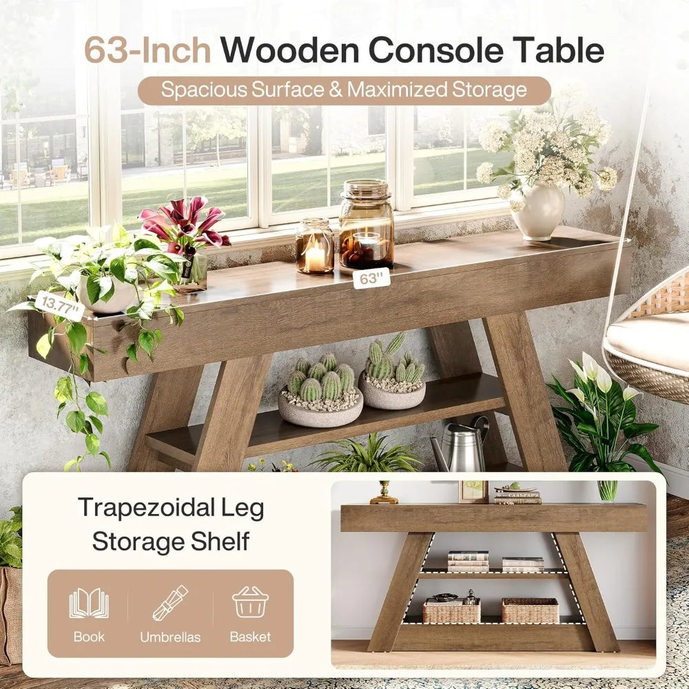 63-Inch Rustic Wooden Console Table with Storage for Entryway and Living Room Sofa Area