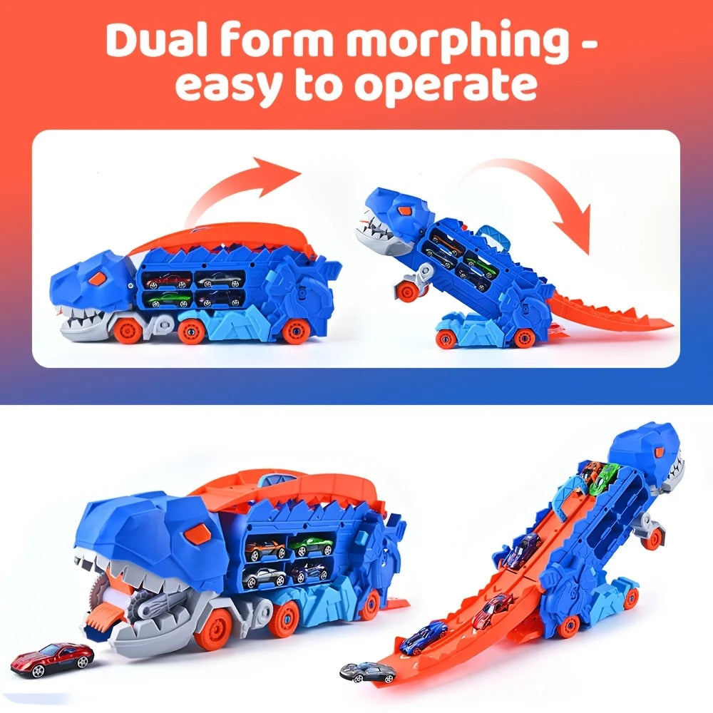 Toddler Truck Toy with Folding Dinosaur Track & 8 Race Cars, Portable Vehicle Play Set, Ideal Gift for Kids Age 3+