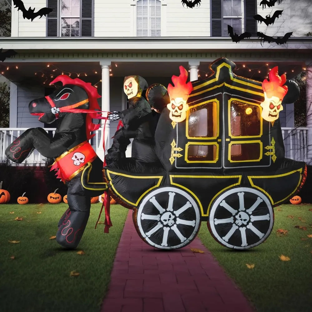 10 Ft Long Halloween Inflatables Carriage Outdoor Decorations with Hellfire Design, Inflatable Carriage with Build-in LEDs Halloween Blow Up for Yard, Party Decoration Outside Garden Lawn, Photobooth Props