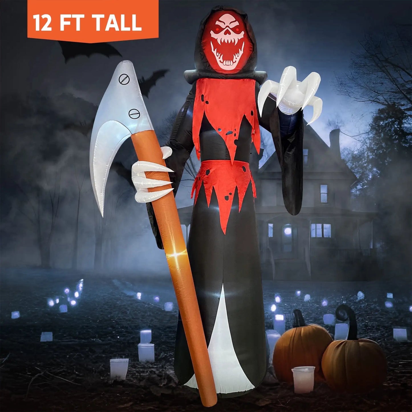 12 FT Tall Halloween Giant Grim Reaper Inflatable with Built-in LEDs Grim Reaper with Scythe for Halloween Decorations Outdoor Gift