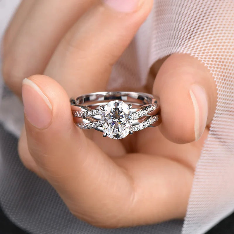 Oxtao 2CT Oval Cut Moissanite Engagement Ring Set D VVS1 Sterling Silver