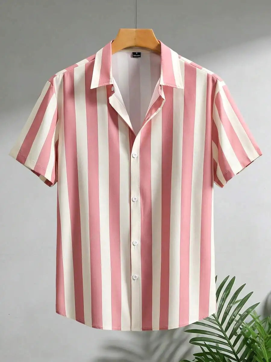 Men Vertical Striped Button Up Short Sleeve Shirt Casual