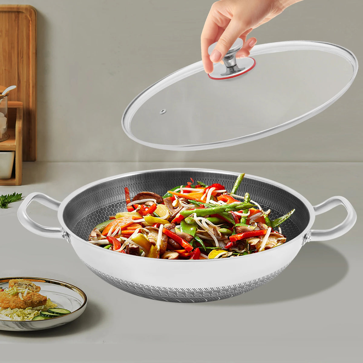 Stainless Steel Nonstick Wok Pan With Tempered Glass Lid For Most Stoves