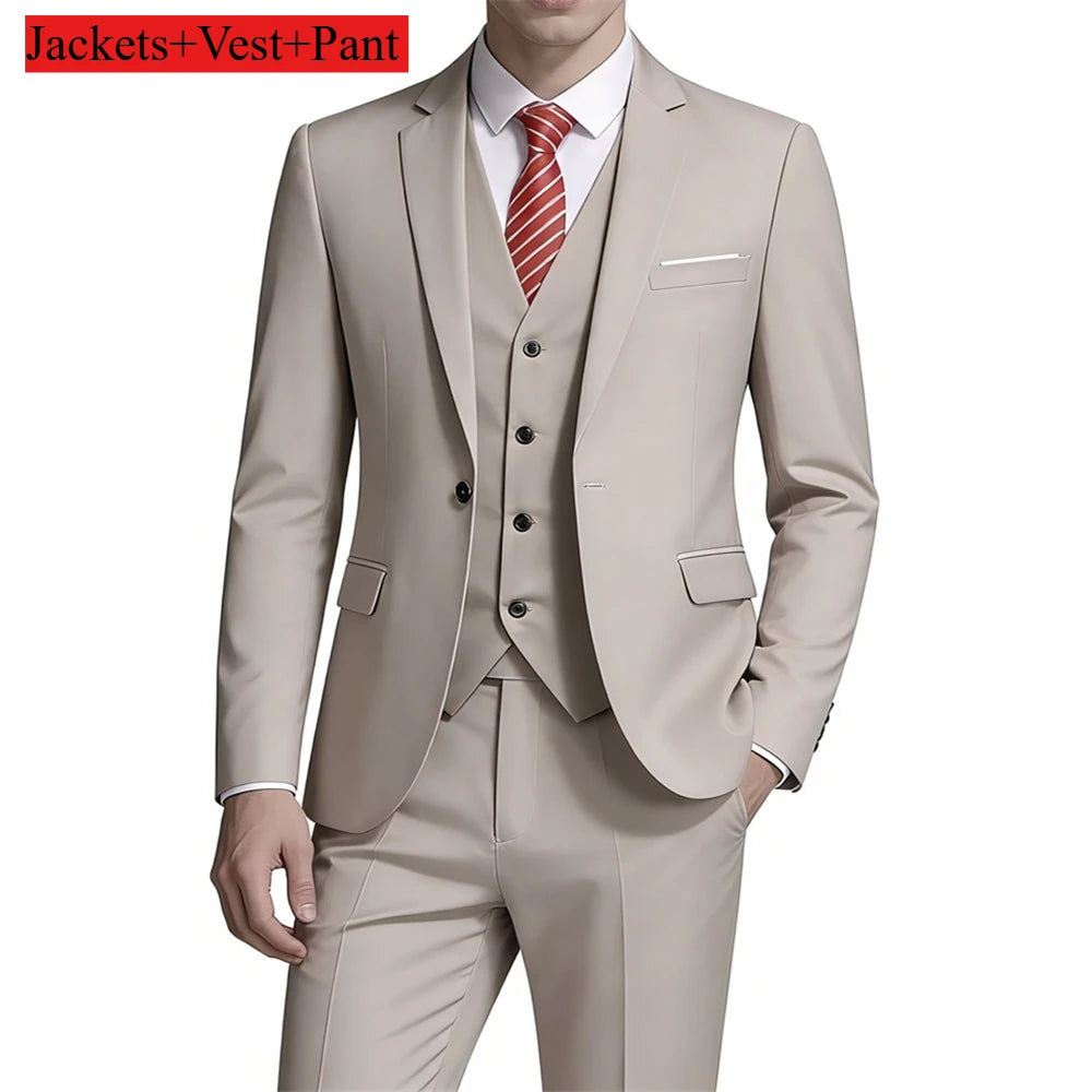 Men's Suit 3 Pieces Set Solid Color Slim Fit Business Leisure Banquet Wedding Groom Dress Jacket Vest with Pants