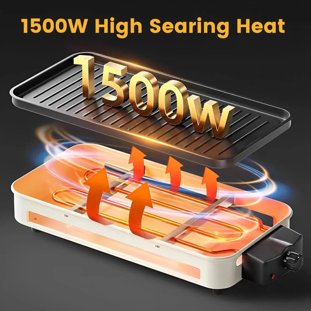 1500W Smokeless Indoor Grill 2-in-1 Nonstick Removable Plate Temp Control Portable BBQ +3 Cheese Pans