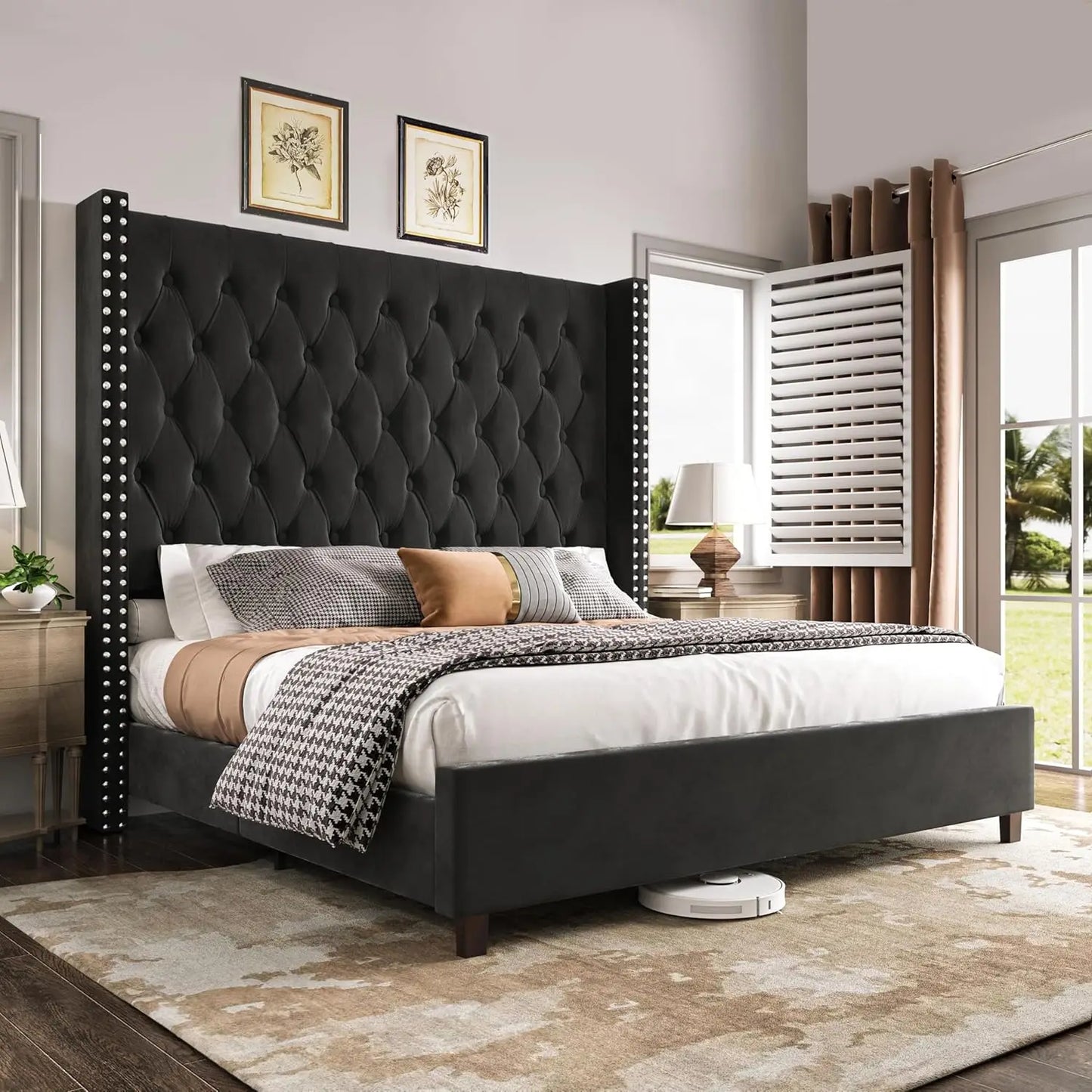 King Size Bed Frame Wingback Velvet Upholstered Platform Deep Button Tufting Solid Wood Legs No Box Spring Black, Customized