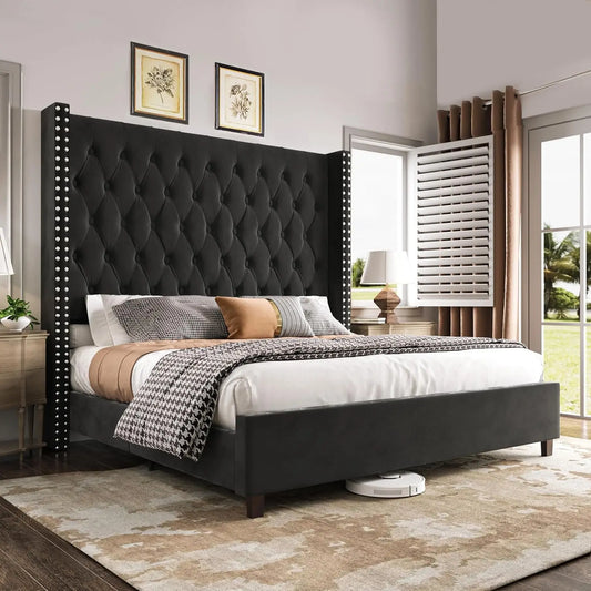 King Size Bed Frame Wingback Velvet Upholstered Platform Deep Button Tufting Solid Wood Legs No Box Spring Black, Customized