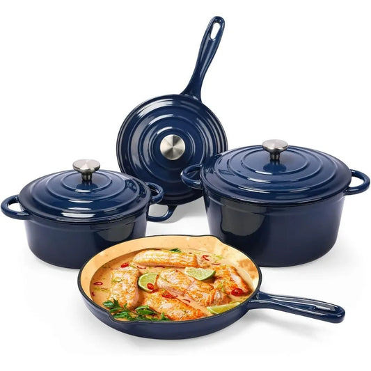 Enameled Cast Iron Cookware Set - 7 Piece Set of Dutch Ovens, Sauce Pan, Skillet, 3 Lids, Dutch Oven Set, Ceramic Coated Cast Ir