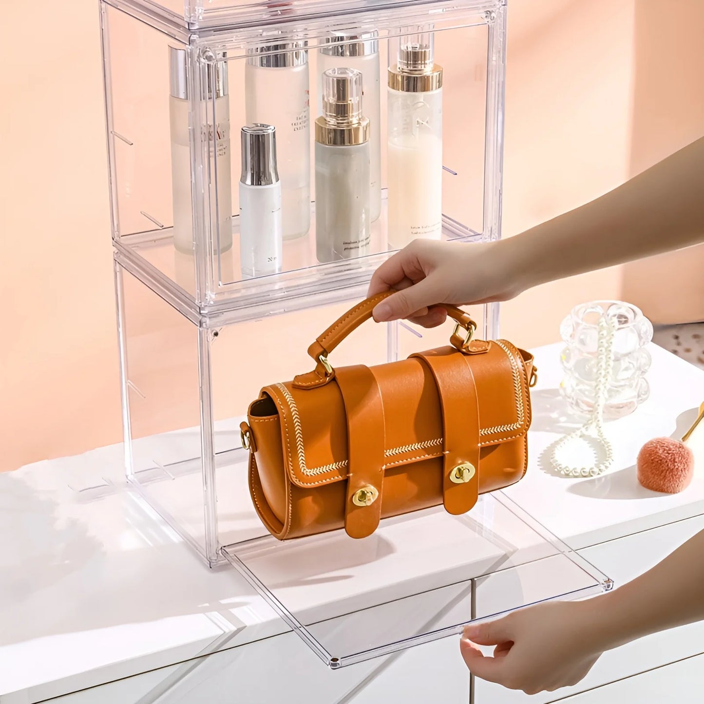 Clear Display Box Handbag Storage Showcase Rack Organizer Stackable for Purse Makeup Collectible Cosmetic Figure Toy Blind Box