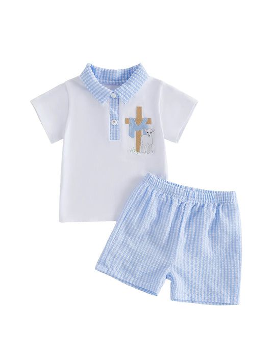 Baby Boy Easter Outfit Bunny Rabbit Embroidered Short Sleeve  Shirt and Denim Shorts 2 Piece Summer Set for Toddler