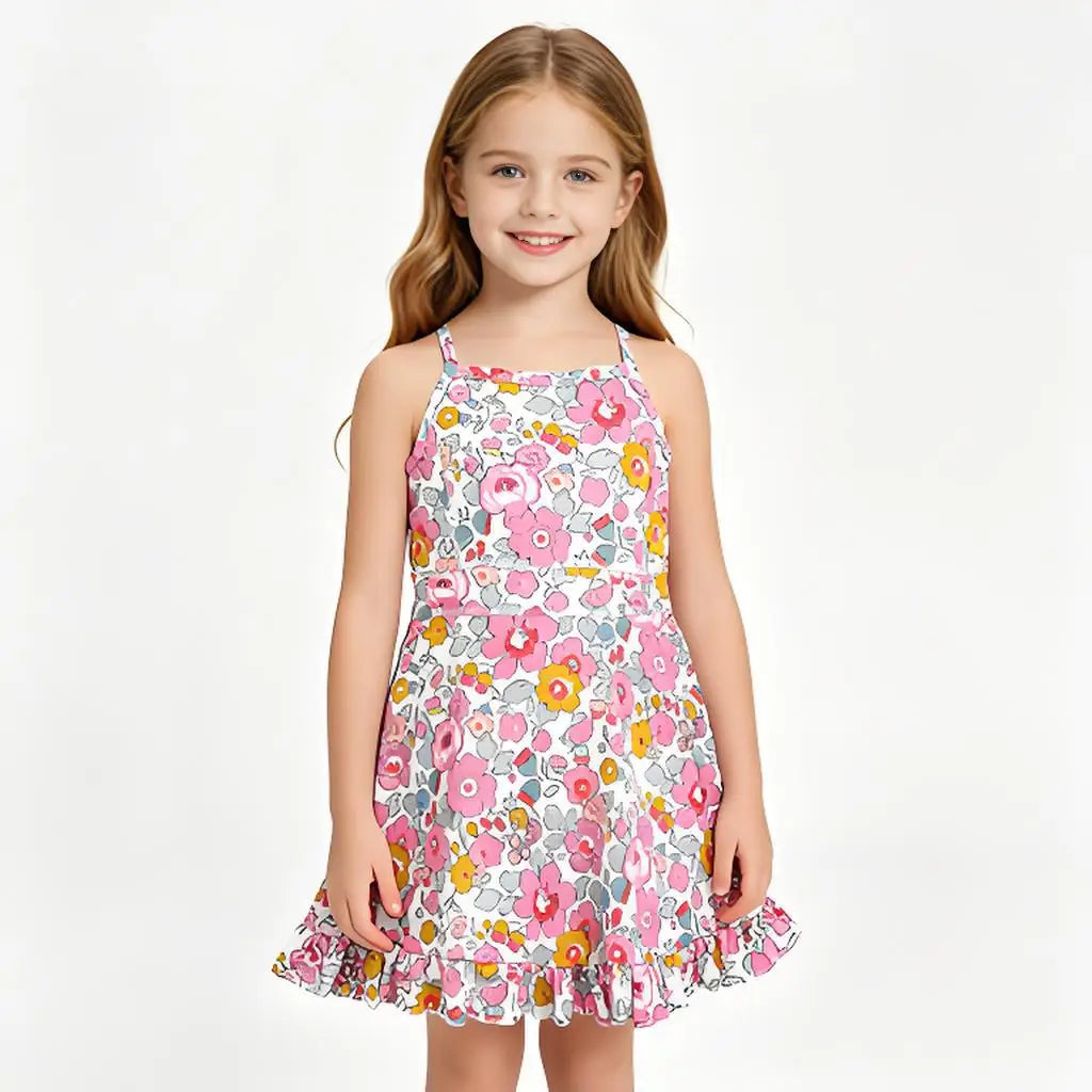 Girls Floral Printed Casual Dress Soft Sleeveless Dress for Kids