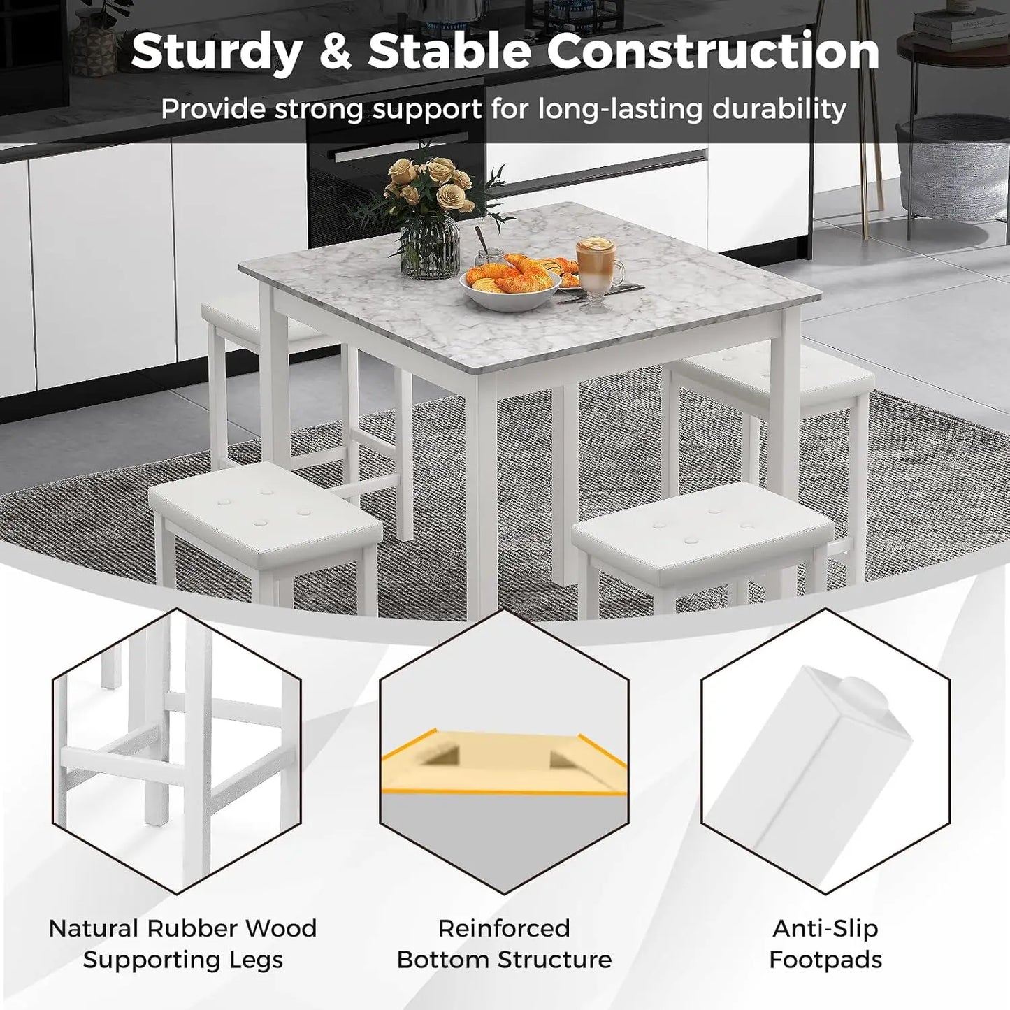 Counter Height Dining Table Set For 4, Space Saving Kitchen Table With 4 Padded Bar Stools, Elegant Faux Marble Breakfast Nook Table Set for Apartments Dining Room, White