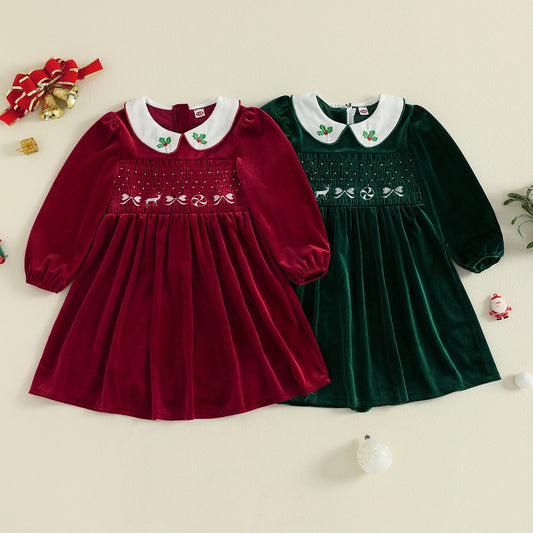 Little Girl Velvet Christmas Dress Reindeer Bow Holly Embroidered Smocked Long Sleeve Doll Collar Dress Cute Winter Clothes
