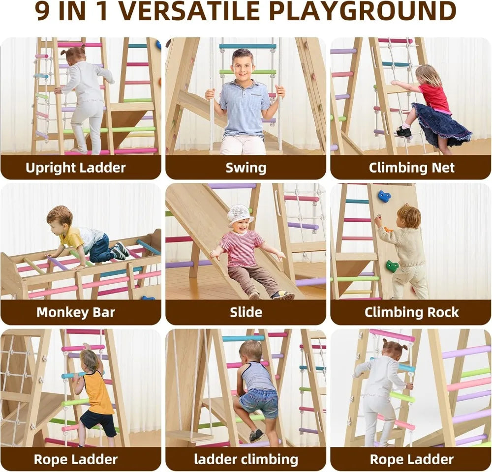 9 in 1 Wooden Indoor Playground: Slide, Swing, Rope Ladder, Climbing Net, Rock Wall, DIY Name Stickers
