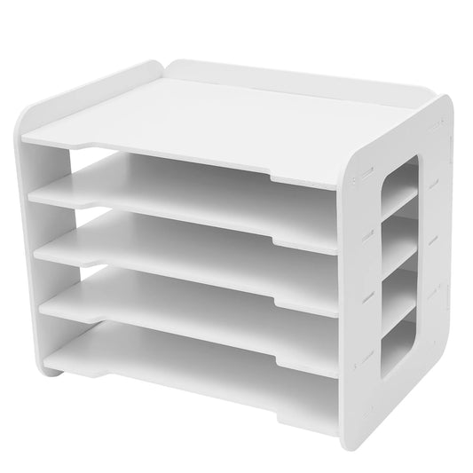 Wood File Organizer, 5 Trays Paper Sorter for Office Supplies Desk Organizer, Length 34cm/13.39in, White