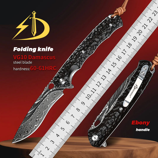 SDOKEDC Folding Knives VG10 Damascus Steel Hand Carved Ebony Pocket Knife Camping Survival Edc Multitool Utility Knife Mens Gift