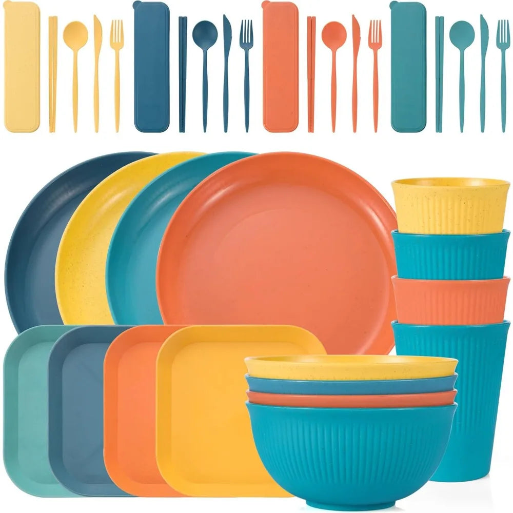 36 Piece Wheat Straw Dinnerware Set Reusable Plates Bowls Cups Utensils Microwave Dishwasher Safe for Kitchen Camping