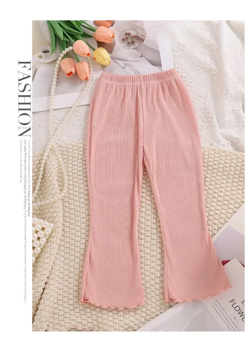 Children Summer Solid Color Thin Ribbed Knit Flared Pants Girls Casual Trousers Korea Fashion Pants Girl Princess Style Capris