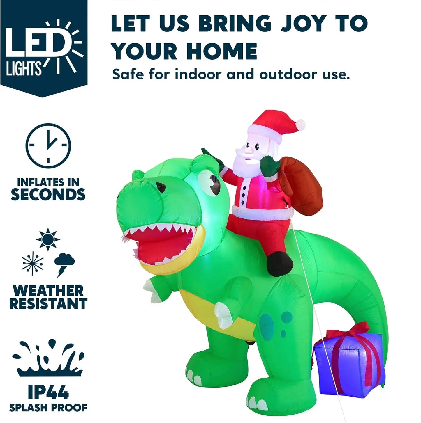 JOYFY 6 FT Christmas Inflatable Dinosaur with Build-in LEDs Dinosaur with Santa for Christmas Inflatable Outdoor Decoration